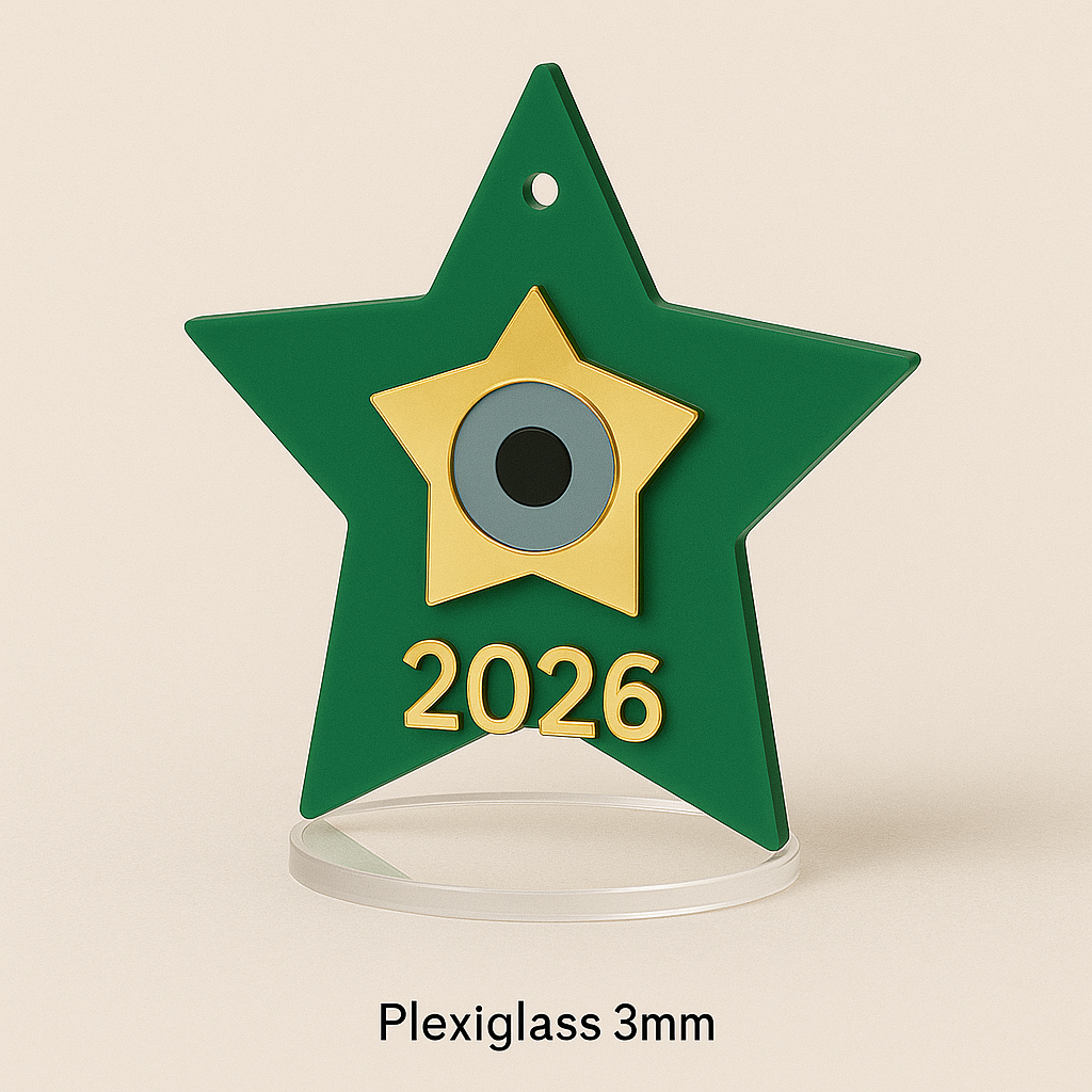 Γούρι “Αστέρι 2026” Plexiglass με Μάτι – Σε 4 χρώματα | Επιτραπέζιο & Κρεμαστό