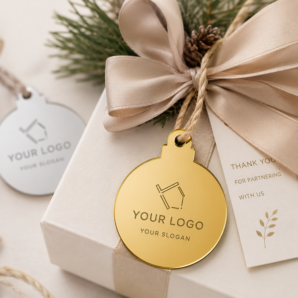 EcoMark Ball custom charm tag με χάραξη λογοτύπου από χρυσό και ασημί plexiglass καθρέφτη για εταιρικά δώρα και συσκευασίες