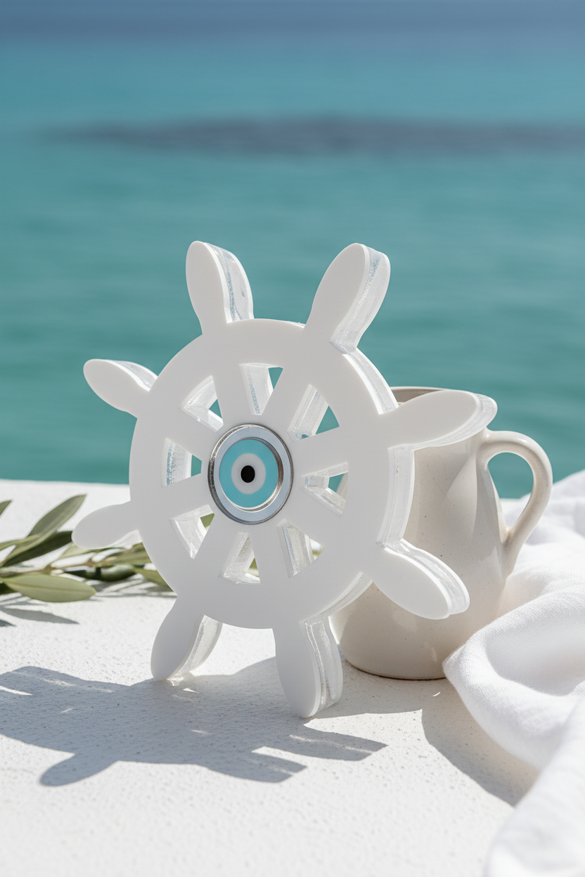White ship's wheel decorative item on a white surface with a blue ocean background