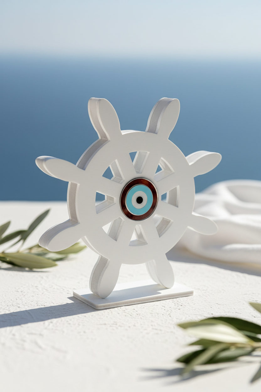 White decorative ship's wheel with a blue and gold center on a white surface with a blue sky background.
