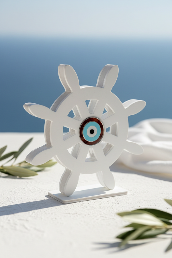 White decorative ship's wheel with a blue and gold center on a white surface with a blue sky background.