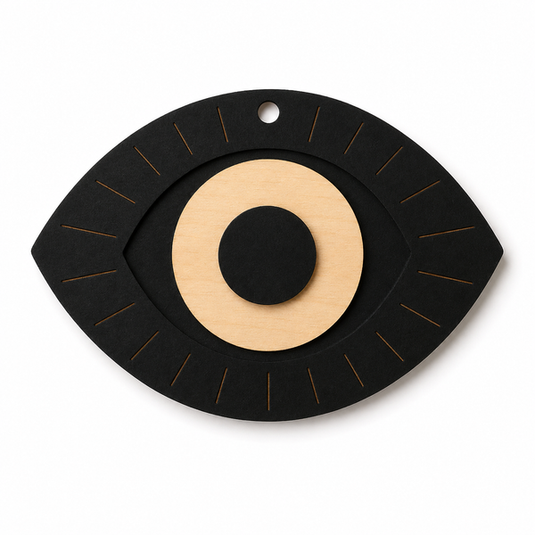 Minimal Evil Eye Sunburst από μαύρο MDF με λεπτομέρειες από MDF οξιάς και μαύρη κόρη, ιδανικό για bag charms, γούρια και DIY δημιουργίες | So Cute Cut