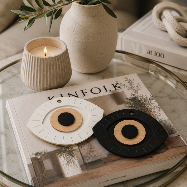 Ξύλινα Evil Eye Sunburst από λευκό και μαύρο MDF με λεπτομέρειες από MDF οξιάς σε minimal coffee table styling με περιοδικό, κερί και γυάλινο δίσκο | So Cute Cut