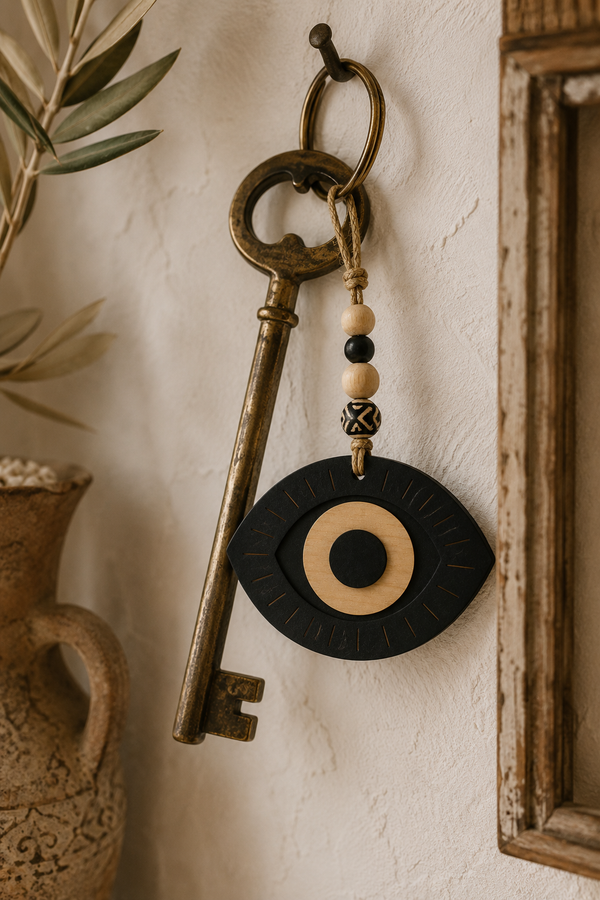 Evil Eye Sunburst από μαύρο MDF με λεπτομέρειες από MDF οξιάς κρεμασμένο σε vintage μπρούτζινο κλειδί με ξύλινες χάντρες σε boho διακόσμηση | So Cute Cut