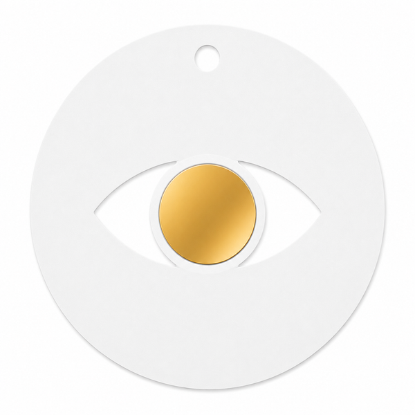 Minimal eye charm from colored plexiglass with gold or silver mirror center from the Eyeform Color Series collection by So Cute Cut.