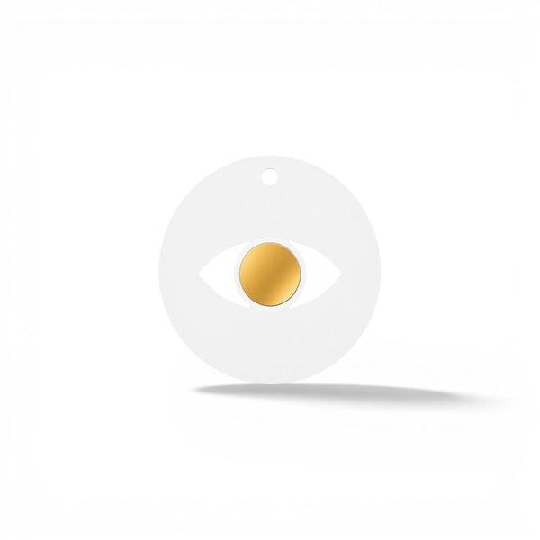 Minimal eye charm from colored plexiglass with gold or silver mirror center from the Eyeform Color Series collection by So Cute Cut.