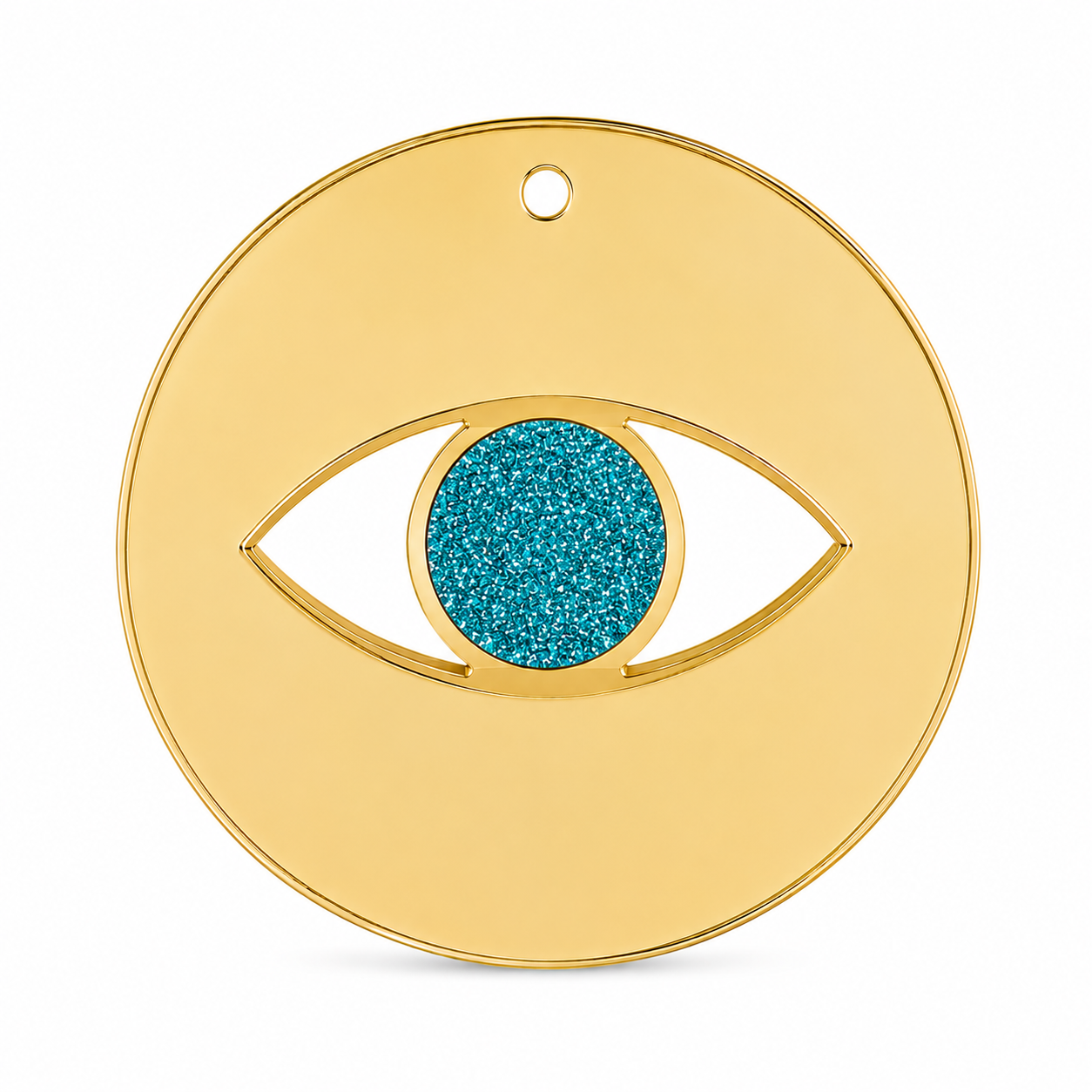 Minimal eye charm from mirror plexiglass with glitter center in gold or silver mirror finish from the Eyeform Glitter Series collection by So Cute Cut.