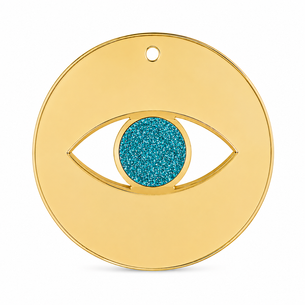 Minimal eye charm from mirror plexiglass with glitter center in gold or silver mirror finish from the Eyeform Glitter Series collection by So Cute Cut.