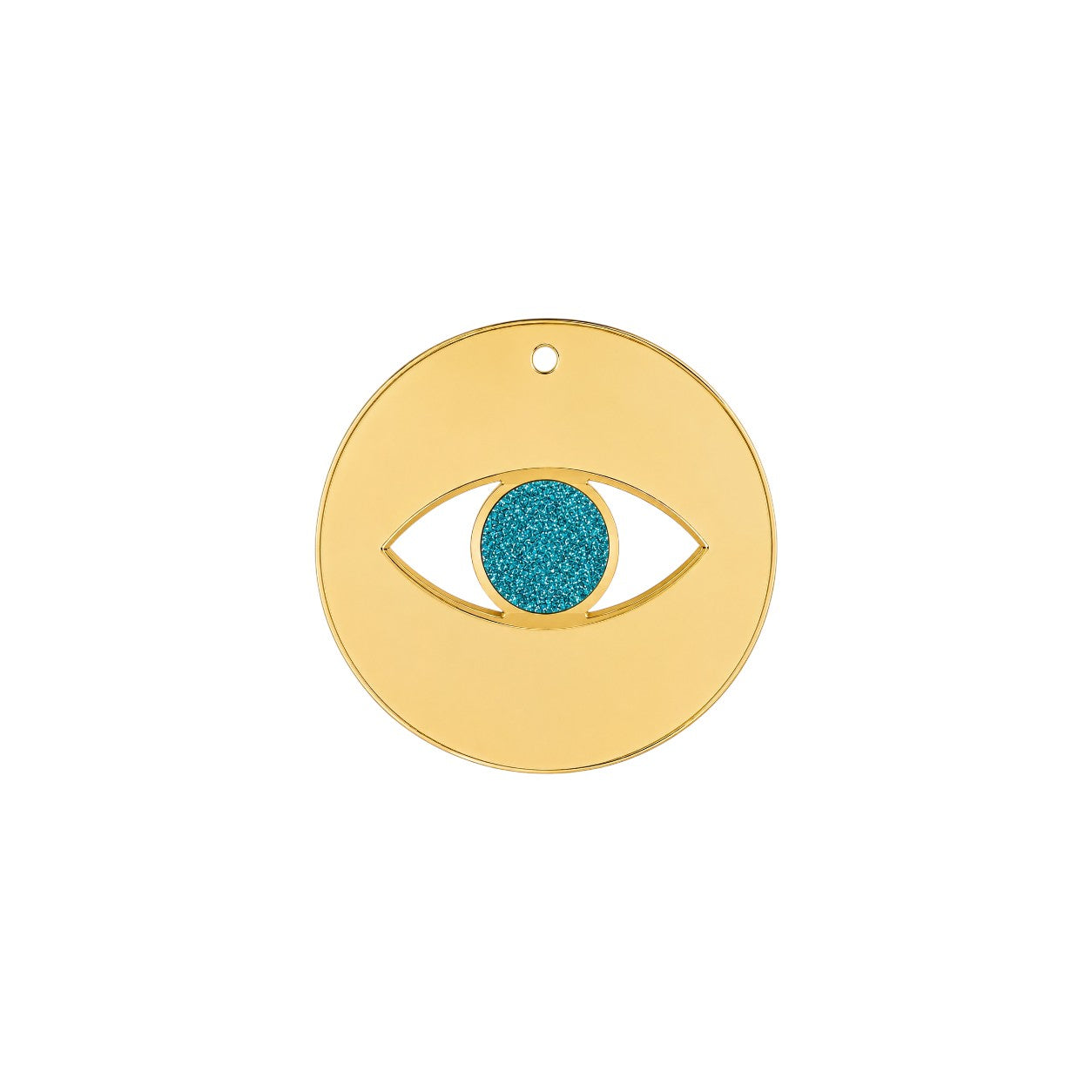 Minimal eye charm from mirror plexiglass with glitter center in gold or silver mirror finish from the Eyeform Glitter Series collection by So Cute Cut.