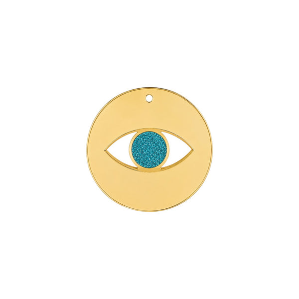 Minimal eye charm from mirror plexiglass with glitter center in gold or silver mirror finish from the Eyeform Glitter Series collection by So Cute Cut.