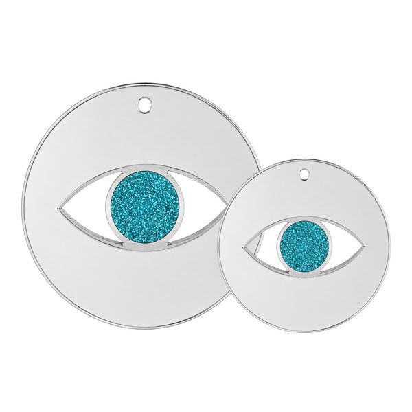 Minimal eye charm from mirror plexiglass with glitter center in gold or silver mirror finish from the Eyeform Glitter Series collection by So Cute Cut.