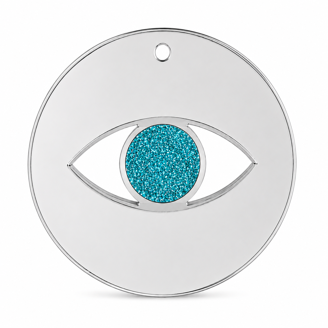 Minimal eye charm from mirror plexiglass with glitter center in gold or silver mirror finish from the Eyeform Glitter Series collection by So Cute Cut.
