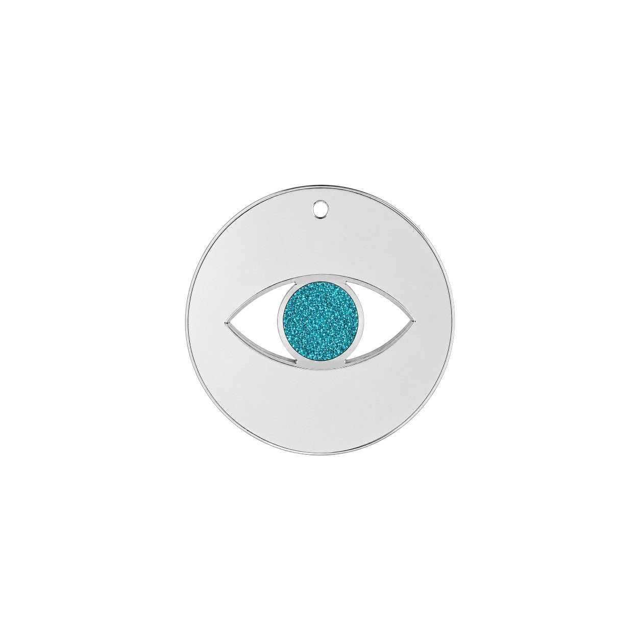 Minimal eye charm from mirror plexiglass with glitter center in gold or silver mirror finish from the Eyeform Glitter Series collection by So Cute Cut.