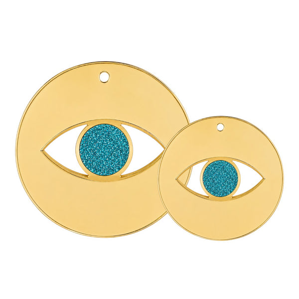 Minimal eye charm from mirror plexiglass with glitter center in gold or silver mirror finish from the Eyeform Glitter Series collection by So Cute Cut.