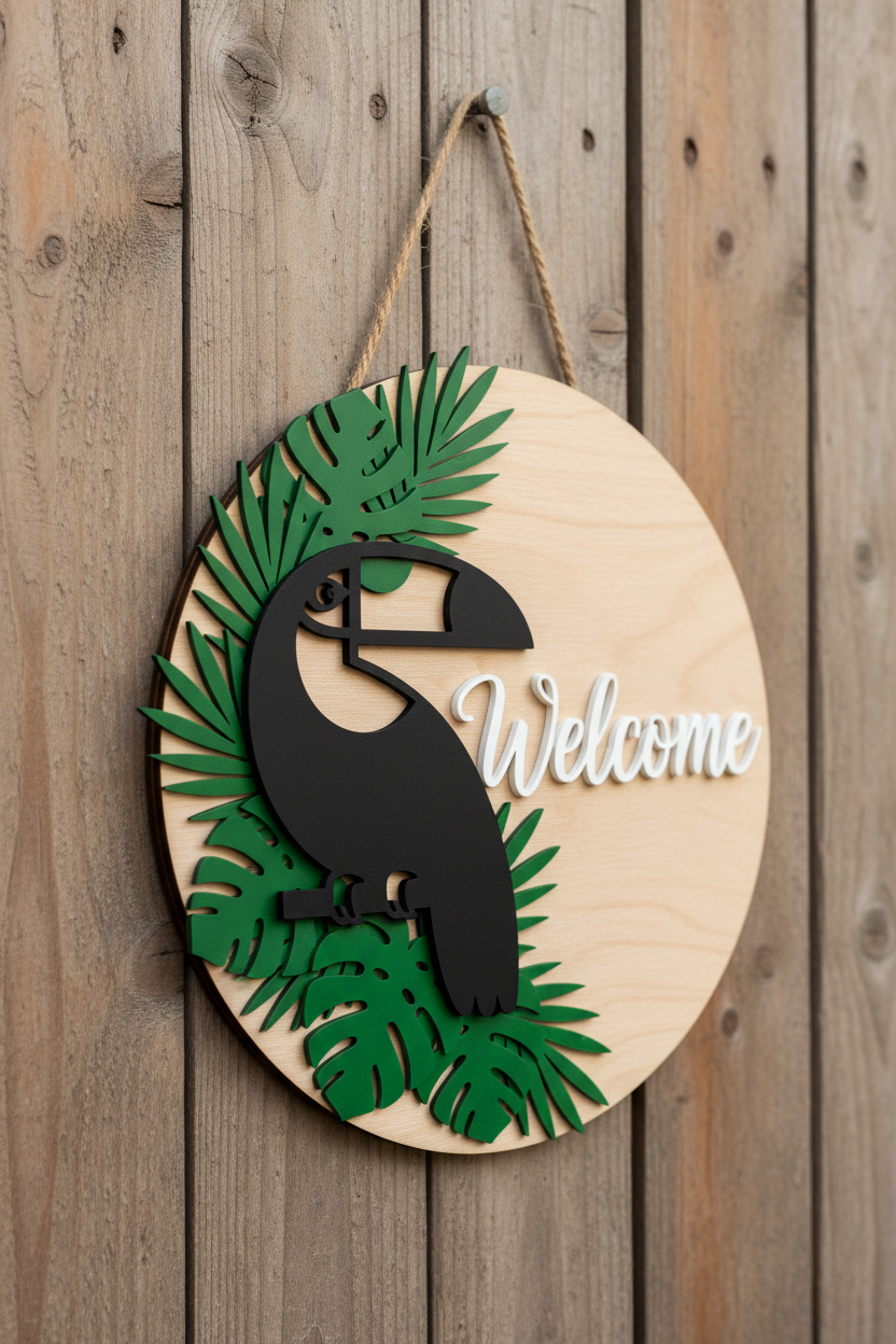 Ξύλινη κρεμαστή διακοσμητική πινακίδα με εξωτικά πράσινα φύλλα, μαύρο τουκάν και επιγραφή Welcome απο πλεξιγκλάς-ιδέα χρήσης αντικειμένου.