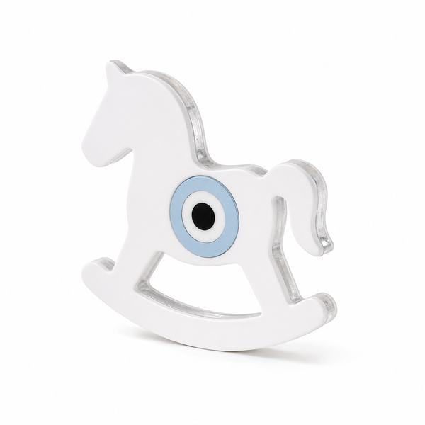 Minimal layered plexiglass rocking horse decor in white and transparent acrylic with optional evil eye detail in gold, pastel blue or baby pink by So Cute Cut
