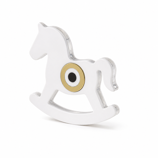 Minimal layered plexiglass rocking horse decor in white and transparent acrylic with optional evil eye detail in gold, pastel blue or baby pink by So Cute Cut