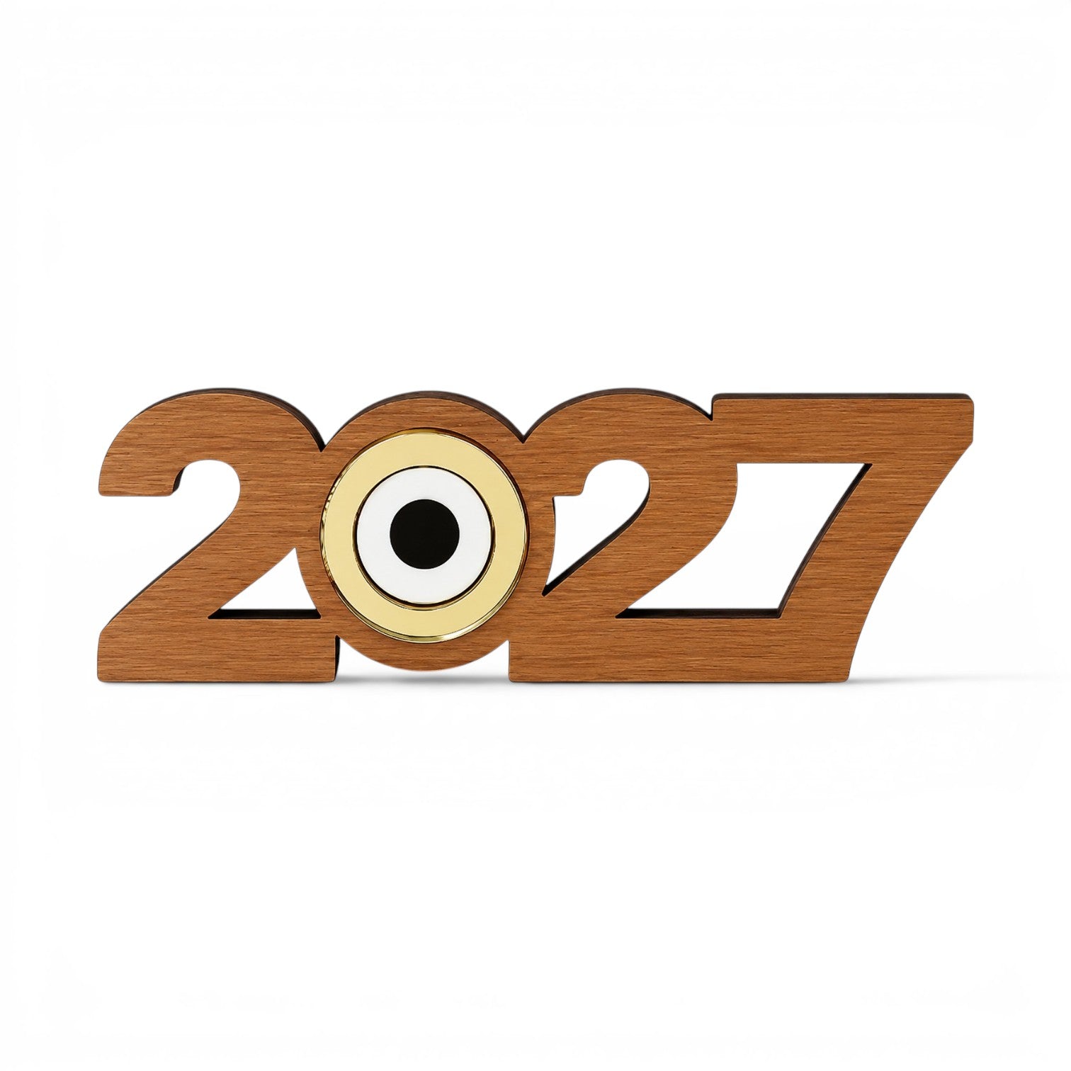 Ξύλινο γούρι 2027 με ενσωματωμένο μάτι από χρυσό καθρέφτη, λευκό και μαύρο πλεξιγκλάς για εταιρικά δώρα και διακόσμηση νέας χρονιάς.