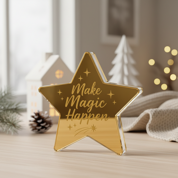 Γούρι αστέρι Make Magic Happen 12cm σε χρυσό καθρέφτη, επιτραπέζιο διακοσμητικό Χριστουγέννων και Πρωτοχρονιάς από τη So Cute Cut σε χριστουγεννιάτικο σκηνικό