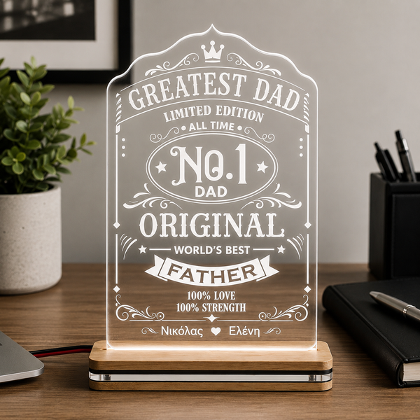Φωτιστικό LED plexiglass Greatest Dad Limited Edition με χάραξη αμμοβολής και προσωποποίηση ονομάτων