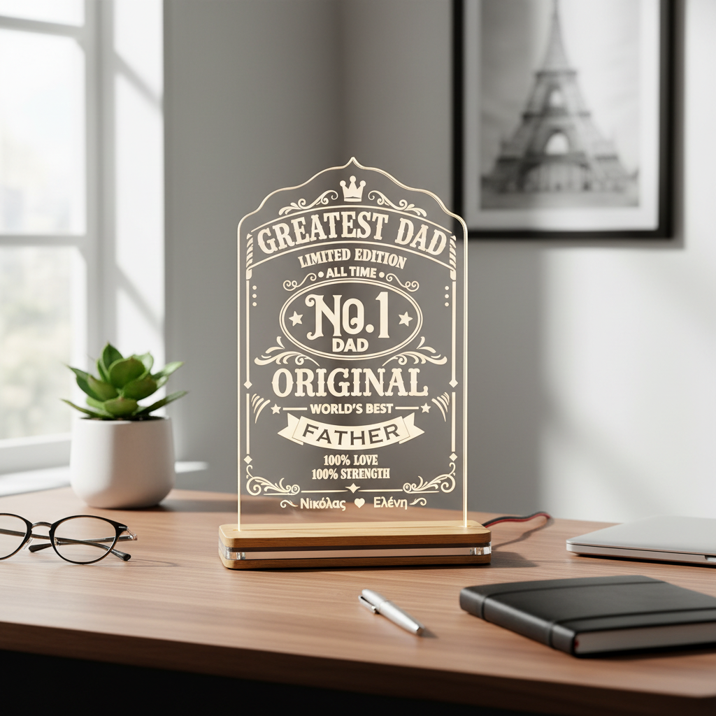 Φωτιστικό LED plexiglass Greatest Dad Limited Edition με χάραξη αμμοβολής και προσωποποίηση ονομάτων