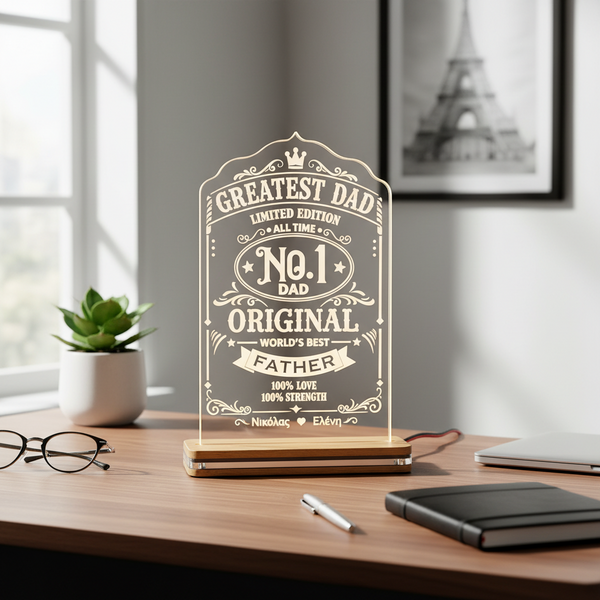 Φωτιστικό LED plexiglass Greatest Dad Limited Edition με χάραξη αμμοβολής και προσωποποίηση ονομάτων