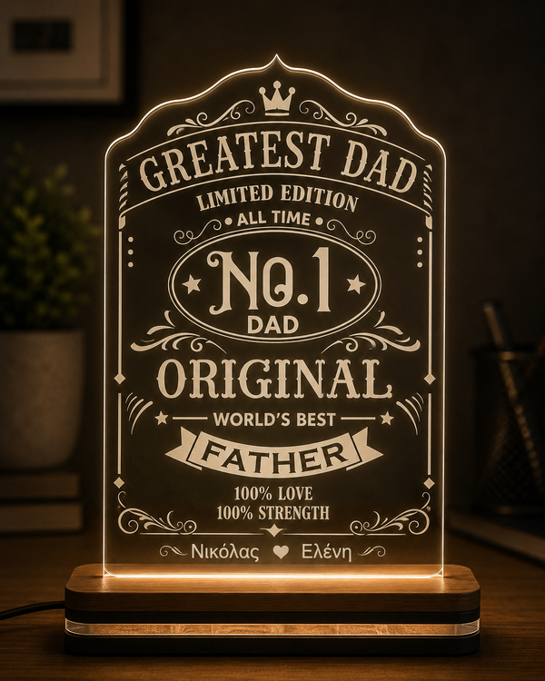 Φωτιστικό LED plexiglass Greatest Dad Limited Edition με χάραξη αμμοβολής και προσωποποίηση ονομάτων