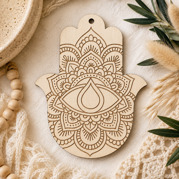 Χέρι της Φατιμά Mandala από MDF σημύδα και λευκό MDF με λεπτομερή χάραξη laser, διαθέσιμο σε 8 και 12 εκ. | So Cute Cut