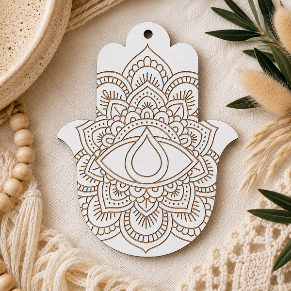 Χέρι της Φατιμά Mandala από MDF σημύδα και λευκό MDF με λεπτομερή χάραξη laser, διαθέσιμο σε 8 και 12 εκ. | So Cute Cut