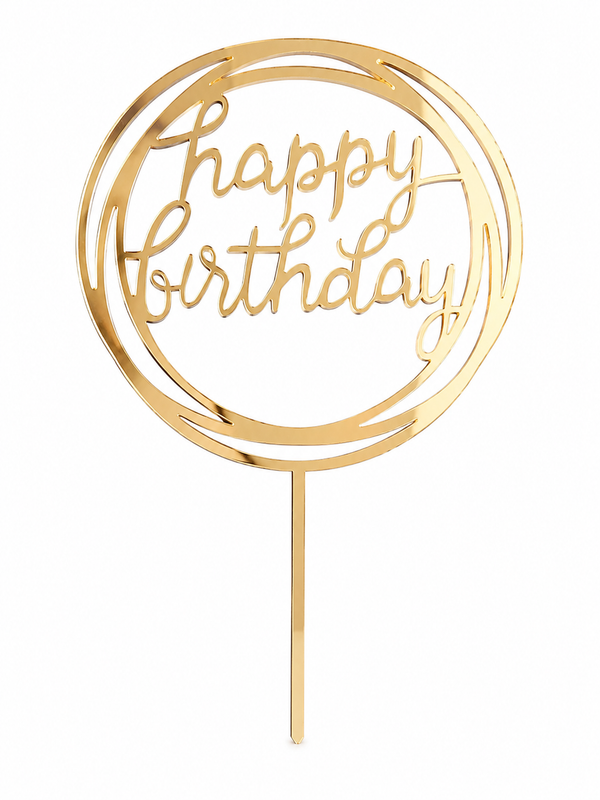 Happy Birthday topper με κυκλικό πλαίσιο από ακρυλικό καθρέφτη σε χρυσό χρώμα για τούρτες γενεθλίων