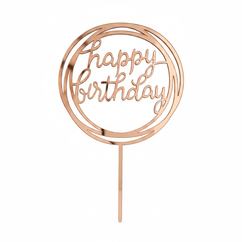 Happy Birthday topper με κυκλικό πλαίσιο από ακρυλικό καθρέφτη σε ροζ χρυσό χρώμα για τούρτες γενεθλίων