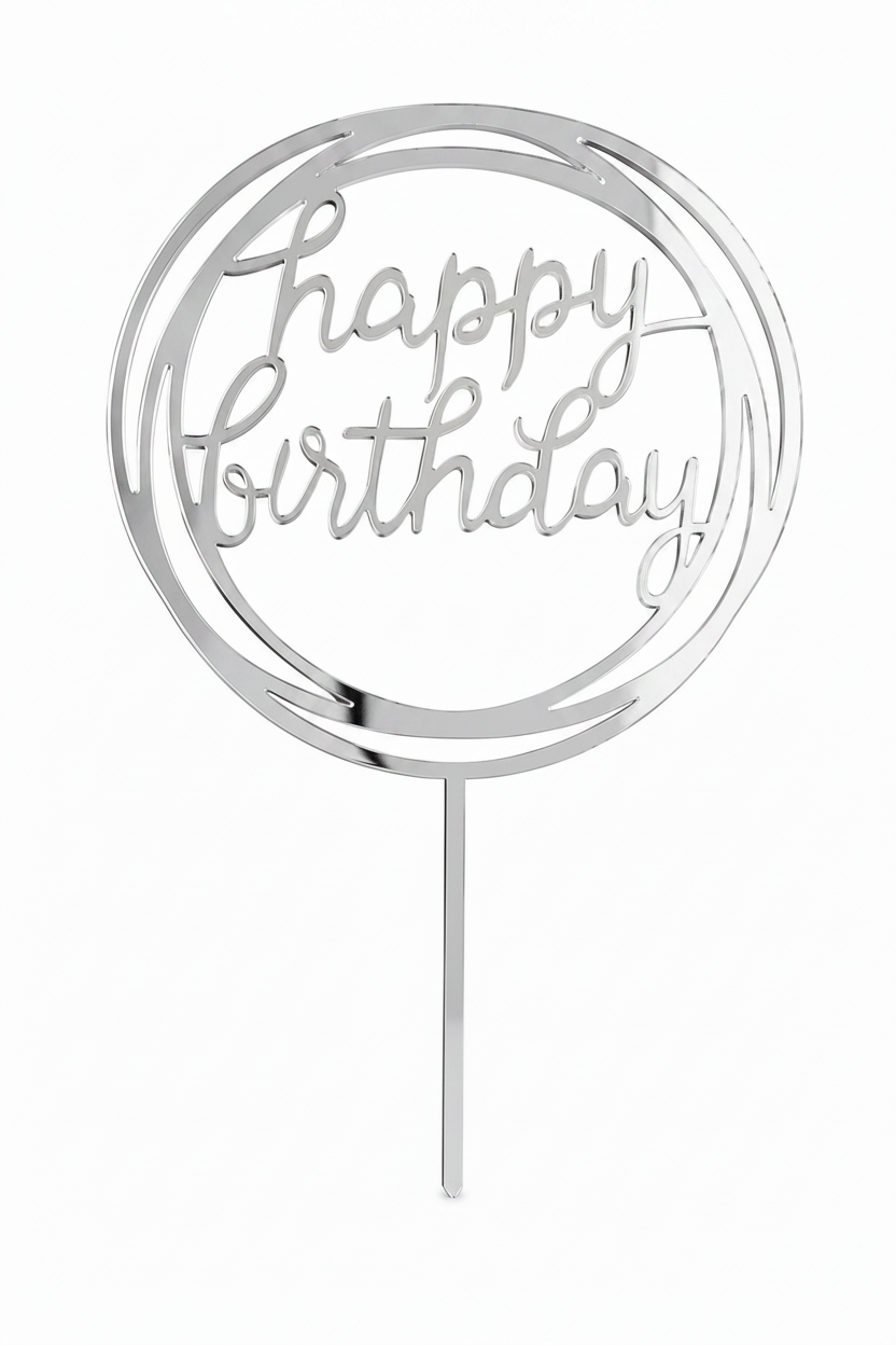 Happy Birthday topper με κυκλικό πλαίσιο από ακρυλικό καθρέφτη σε ασημί χρώμα για τούρτες γενεθλίων