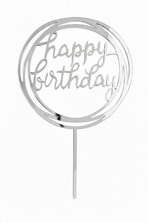 Happy Birthday topper με κυκλικό πλαίσιο από ακρυλικό καθρέφτη σε ασημί χρώμα για τούρτες γενεθλίων