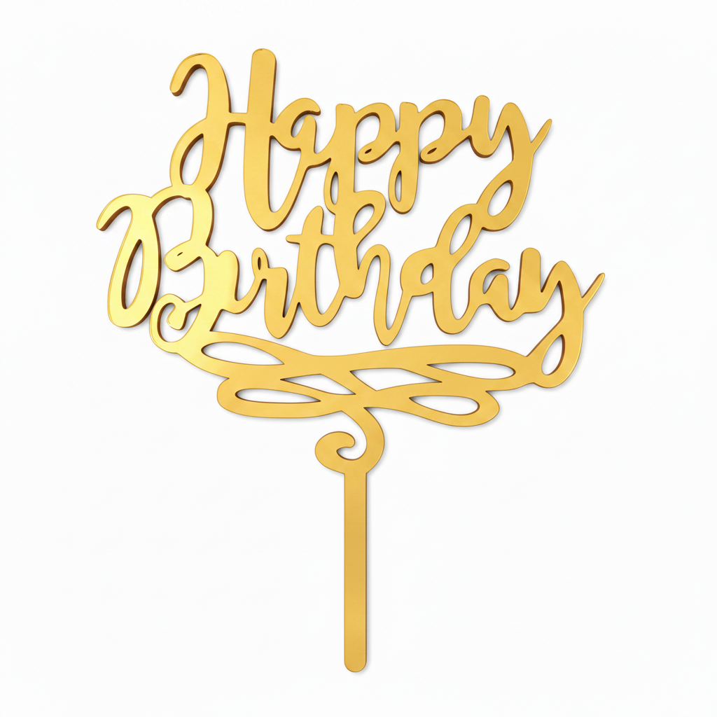 Happy Birthday topper από πλεξιγκλάς σε χρυσό καθρέφτη για τούρτες γενεθλίων