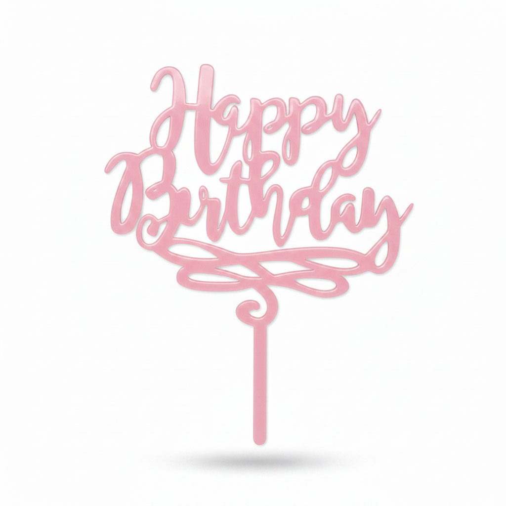 Happy Birthday topper από πλεξιγκλάς σε ροζ ακρυλικό για τούρτες γενεθλίων