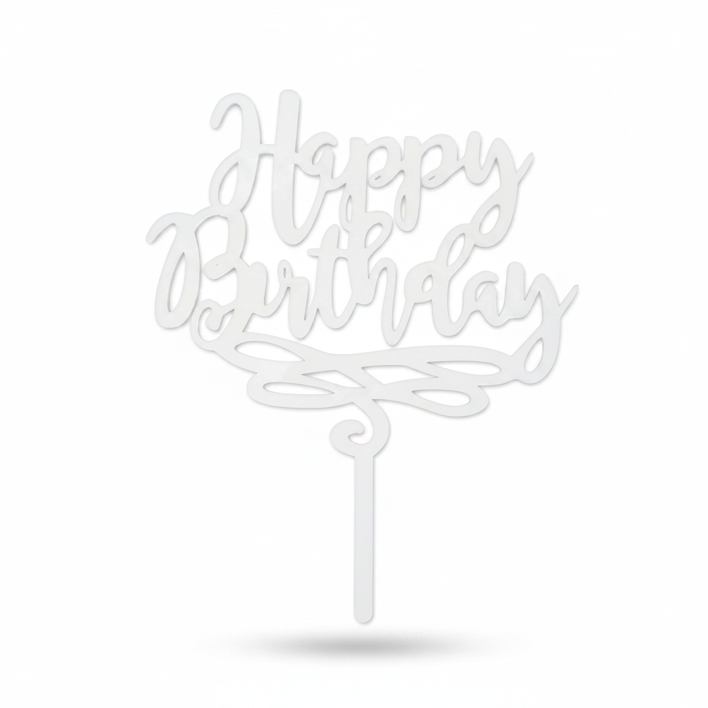 Happy Birthday topper από πλεξιγκλάς σε λευκό ακρυλικό για τούρτες γενεθλίων