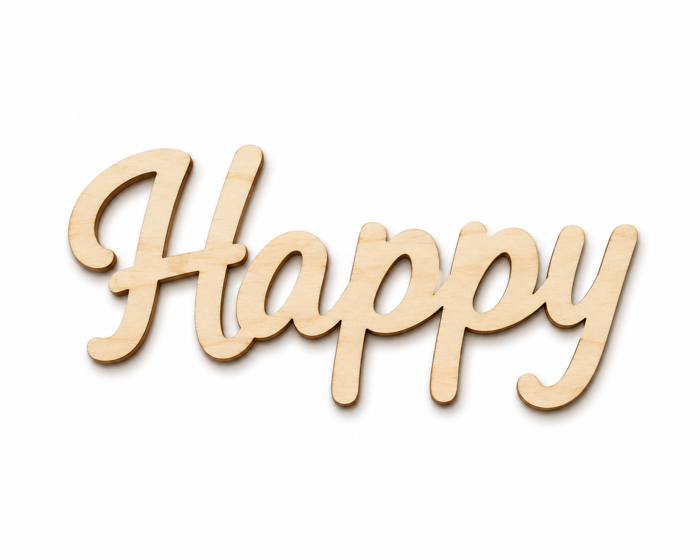 Ξύλινη διακοσμητική λέξη Happy από άβαφο κόντρα πλακέ σημύδας κομμένη με laser σε script γραμματοσειρά