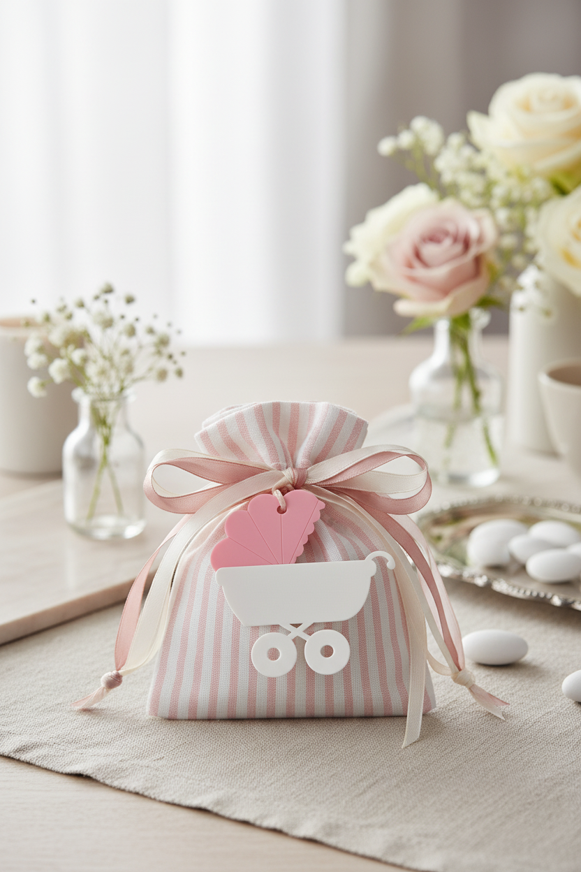 Ιδέα στολισμού μπομπονιέρας βάπιτσης με καροτσάκι μωρού από plexiglass σε  ροζ χρώμα  So Cute Cut