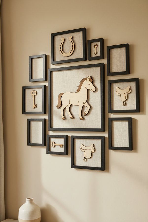 Πρόταση χρήσης laser cut αλογου, σε επιτοίχια σύνθεση με κορνίζες, So CUte CUt
