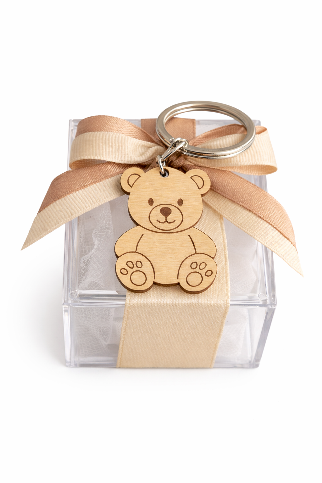 Πράοταση στολισμού μπομπονιέρας βάπτισης με διάφανο κουτί πλεξιγκλάς, κορδέλες και ξύλινο μπρελόκ αρκουδάκι, So Cute Cut