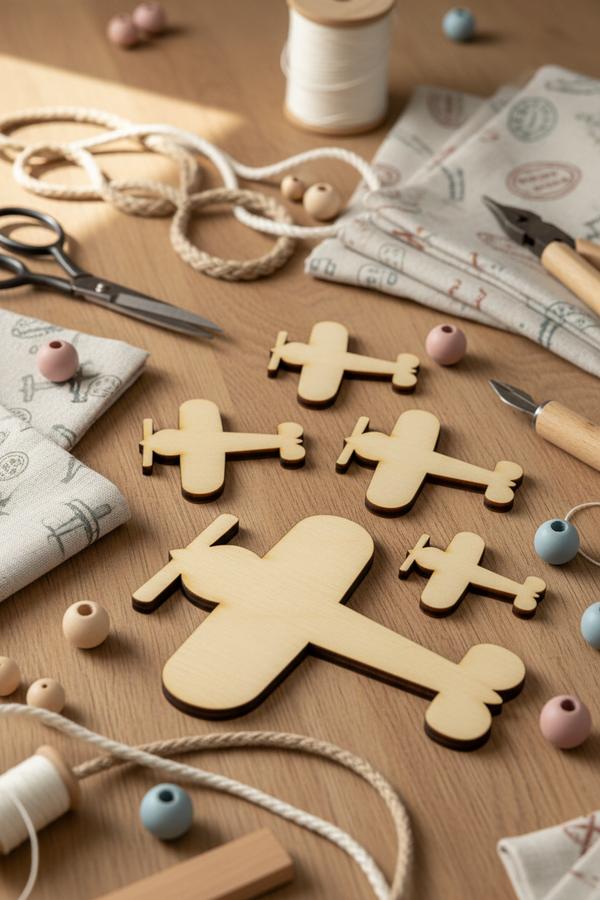 Ξύλινα διακοσμητικά αεροπλάνα σε διαφορετικά μεγέθη 5 έως 15 εκ πάνω σε πάγκο χειροτεχνίας με υλικά DIY όπως κορδόνια και χάντρες