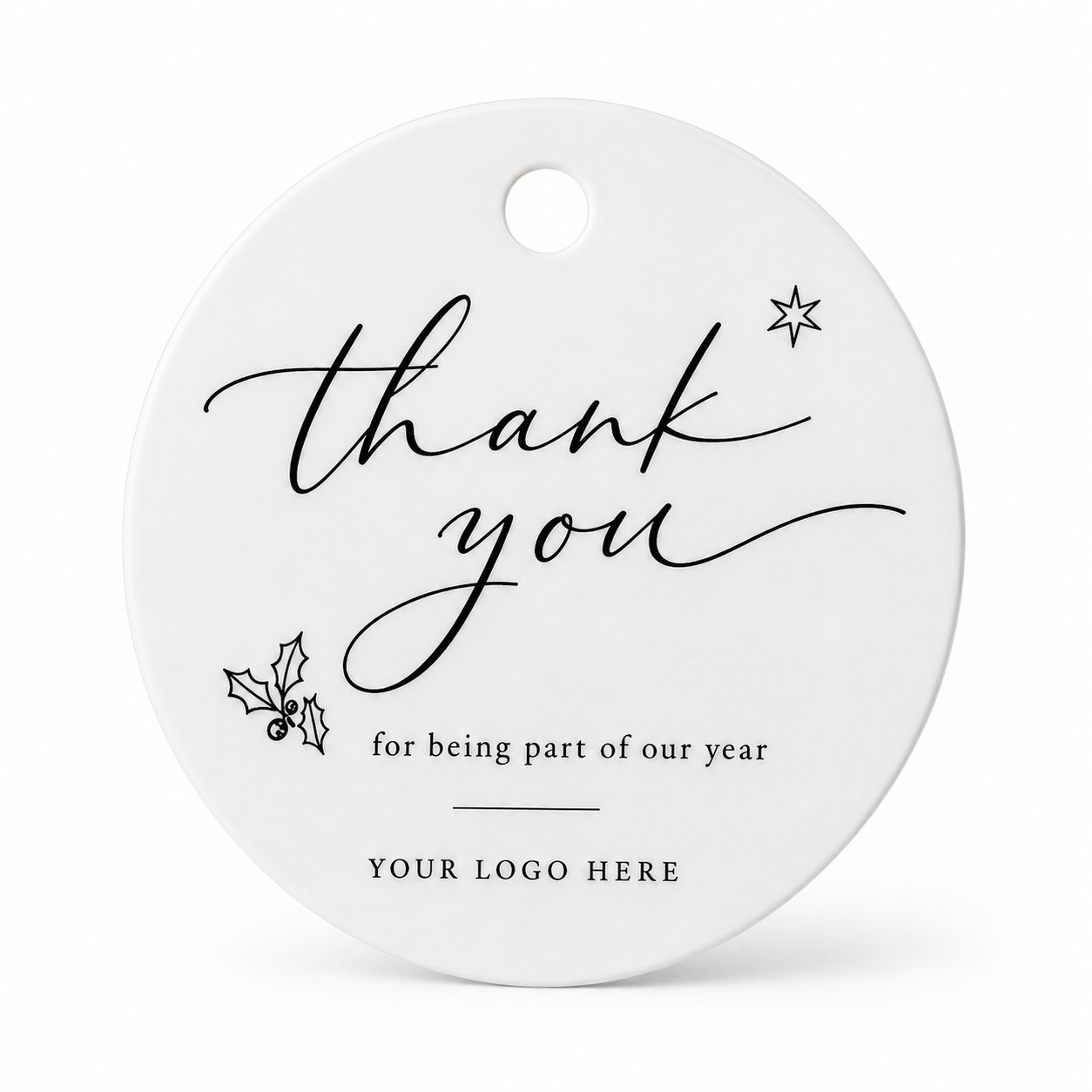 Λευκό plexiglass thank you Christmas tag με μαύρη χάραξη και χώρο για λογότυπο για εταιρικά δώρα από το So Cute Cut.