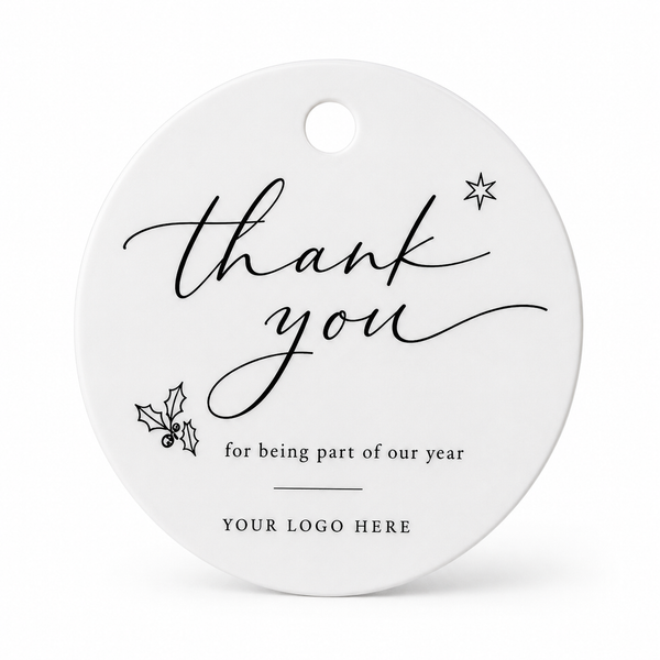 Λευκό plexiglass thank you Christmas tag με μαύρη χάραξη και χώρο για λογότυπο για εταιρικά δώρα από το So Cute Cut.