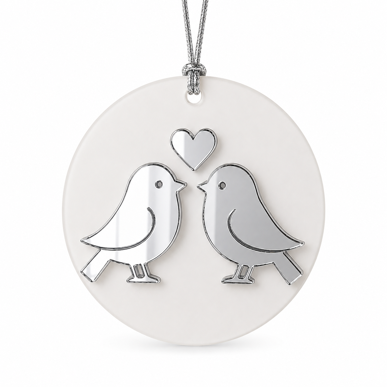 Love Birds στοιχείο μπομπονιέρας γάμου από λευκό πλεξιγκλάς με ασημί καθρέφτη και δυνατότητα χάραξης μονογραμμάτων