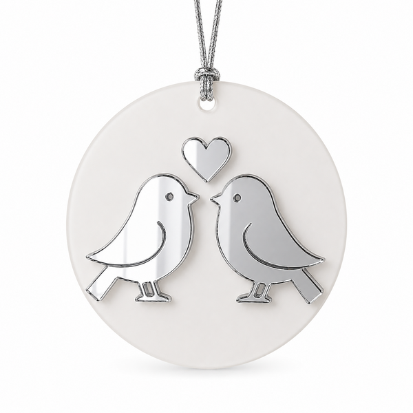 Love Birds στοιχείο μπομπονιέρας γάμου από λευκό πλεξιγκλάς με ασημί καθρέφτη και δυνατότητα χάραξης μονογραμμάτων