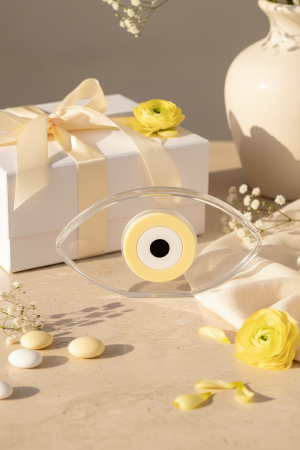 Luxury επιτραπέζιο ματάκι βάπτισης από διάφανο plexiglass με pastel κίτρινο  διπλής όψης ακρυλικό μάτι της So Cute Cut σε στολισμένο σκηνικό