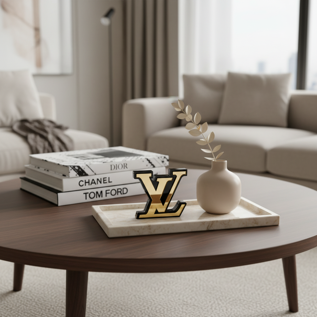 Χρυσό καθρεφτένιο LV διακοσμητικό σε ουδέτερο coffee table με fashion books μέσα σε minimal chic σαλόνι.
