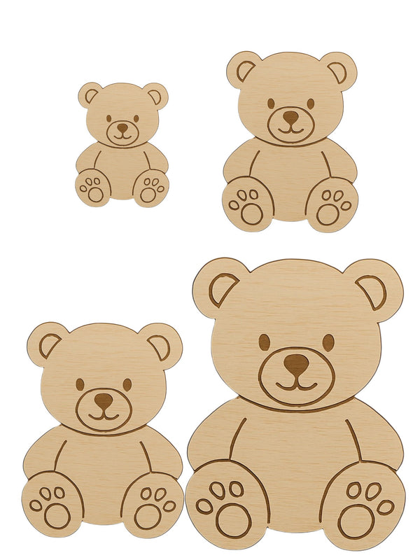 Ξύλινο αρκουδάκι κομμένο με λέιζερ, με στρογγυλό κεφάλι και χαραγμένες πατούσες σε διαφορετικά μεγέθη, So Cute Cut
