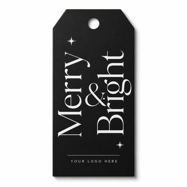 Μαύρο χριστουγεννιάτικο gift tag Merry & Bright με λευκή χάραξη και χώρο για λογότυπο, για εταιρικά δώρο και καλάθια, So Cute Cut