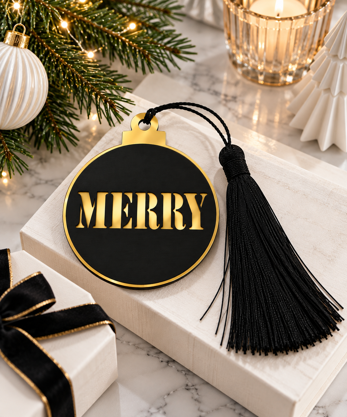 MERRY μαύρο και χρυσό χριστουγεννιάτικο γούρι μπάλα με μαύρη φούντα, πάνω σε λευκή επιφάνεια με χριστουγεννιάτικο έλατο, κερί και κομψή συσκευασία δώρου – So Cute Cut